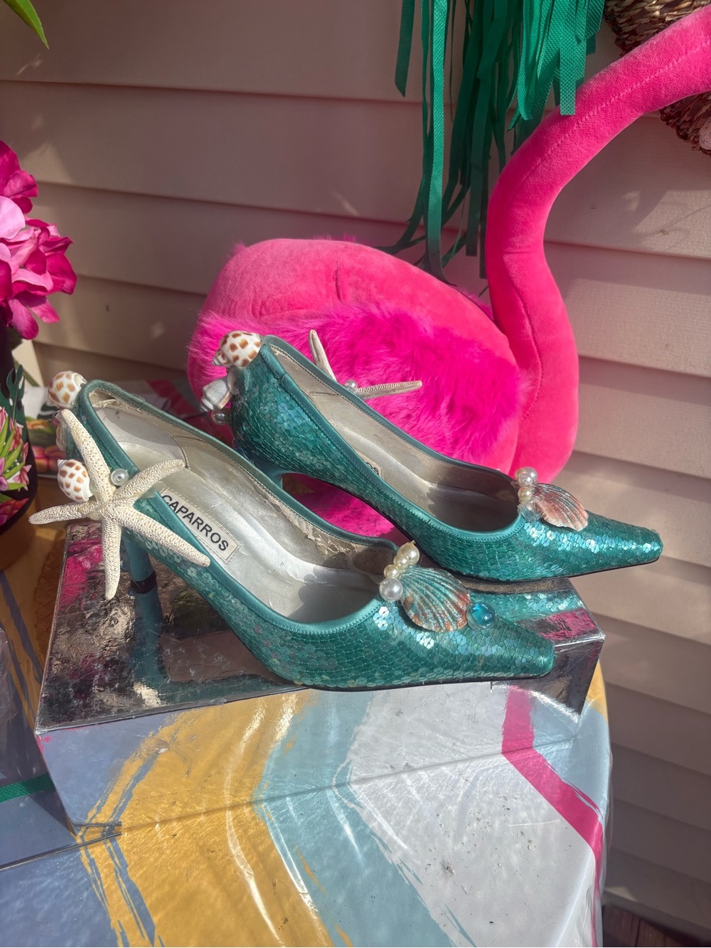 CaparrosTurq🧜‍♀️ Sequin Pumps with Shell & Pearl SEA 🌊 Embellishments🧜‍♀️